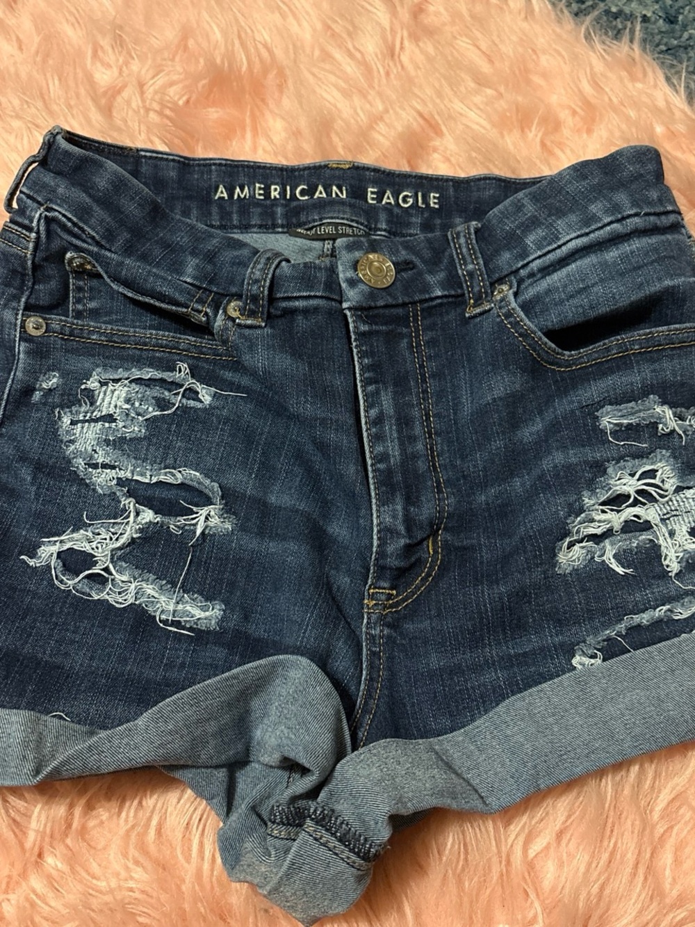 American Eagle Outfitters Dark Blue Distressed Roll-Cuff Jean Shorts